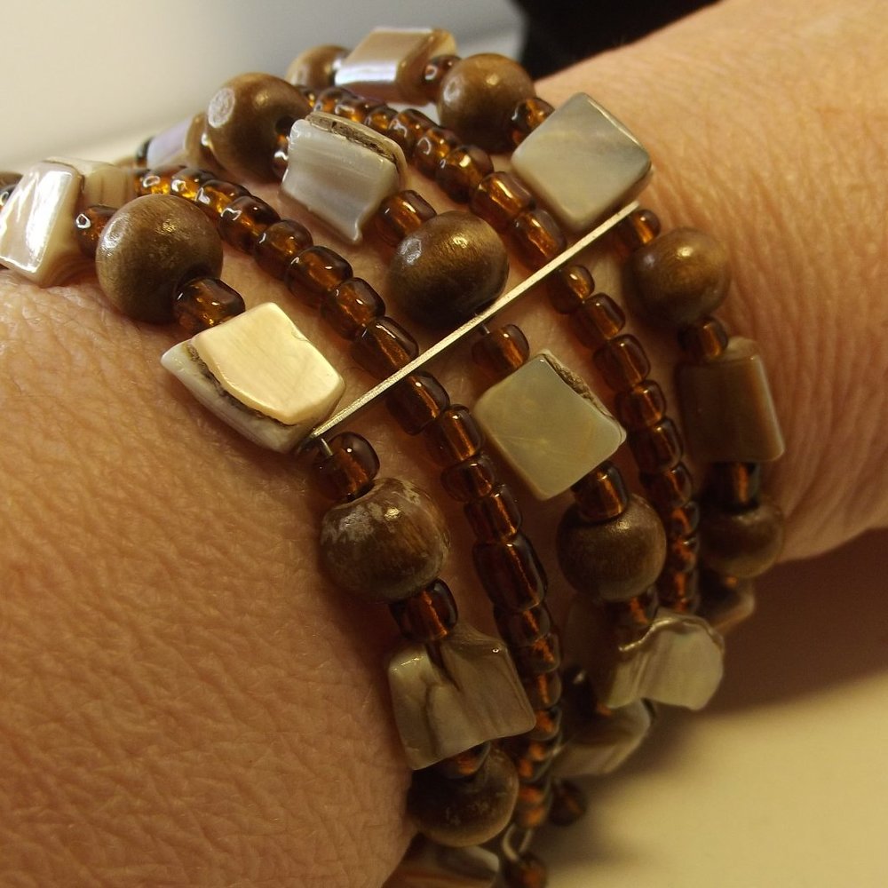 Shell & Wooden Bead Cuff Bracelet